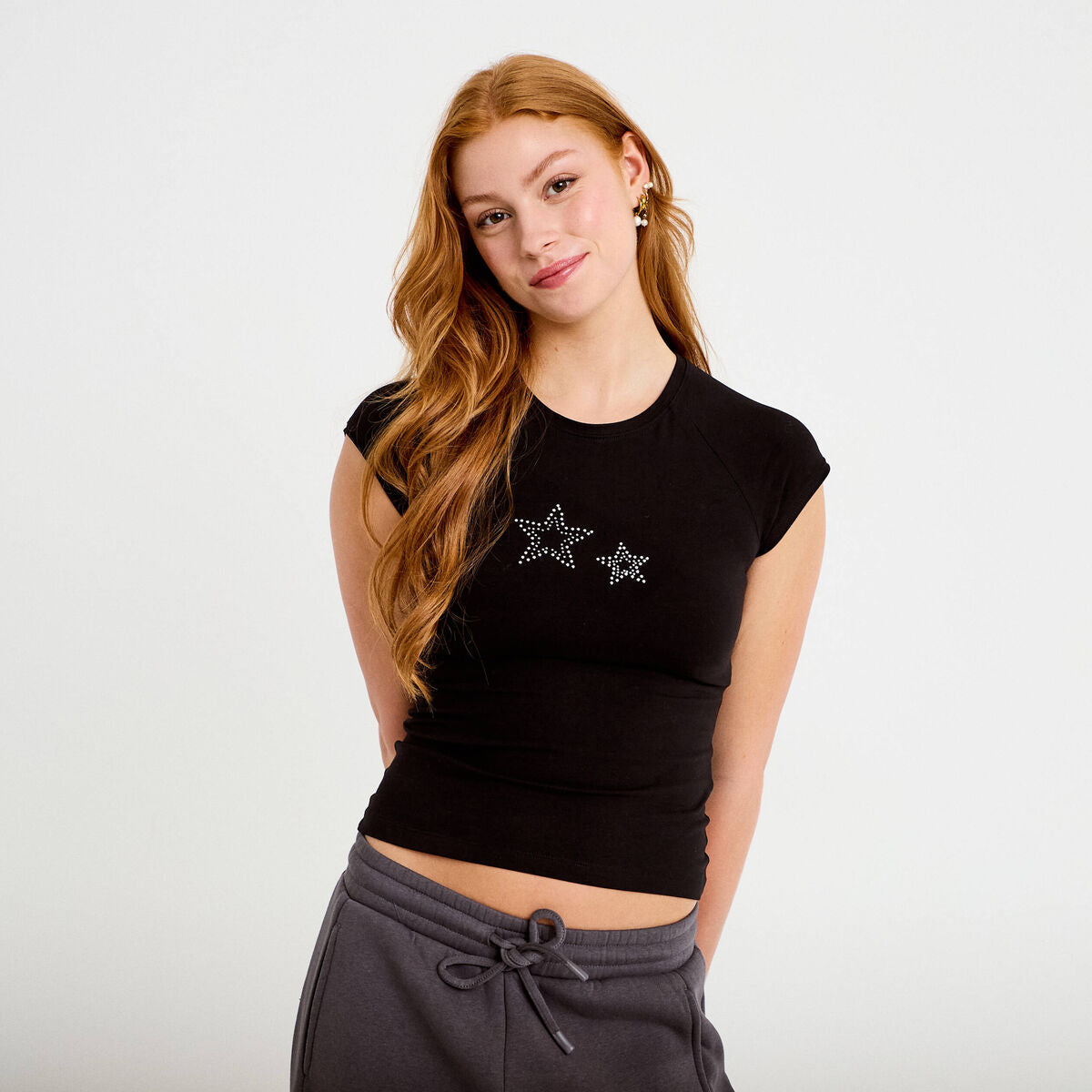 T-shirt ajusté court col rond noir femme