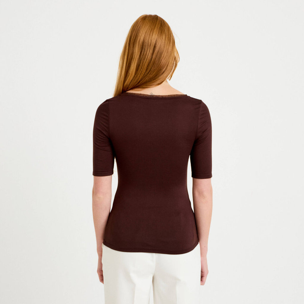 T-shirt ajusté manches courtes marron foncé femme