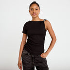 Top one shoulder plissé manches courtes noir femme