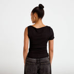 Top one shoulder plissé manches courtes noir femme