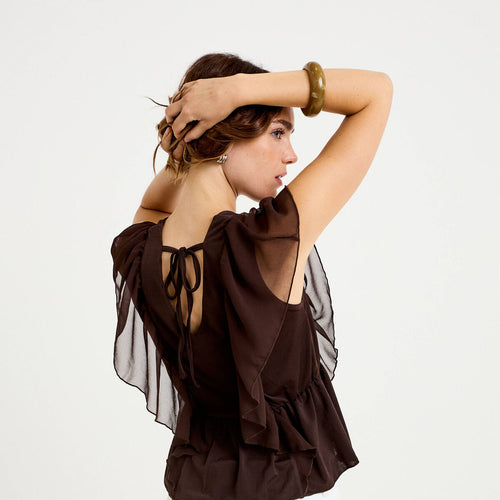 Blouse décolleté voile manches courtes marron foncé femme