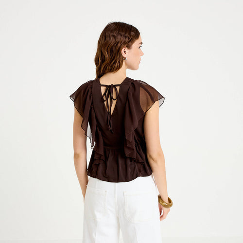 Blouse décolleté voile manches courtes marron foncé femme
