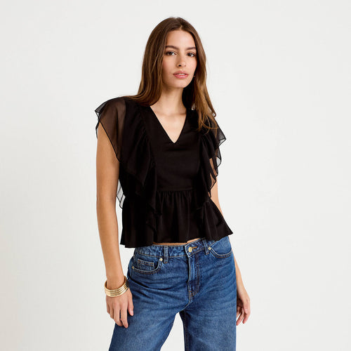 Blouse décolleté voile manches courtes noir femme