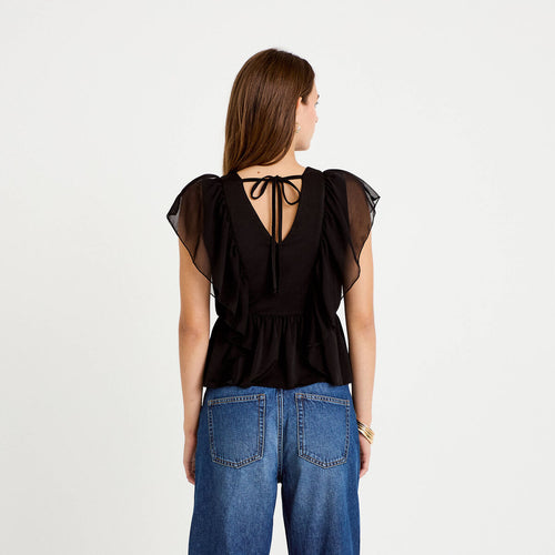 Blouse décolleté voile manches courtes noir femme
