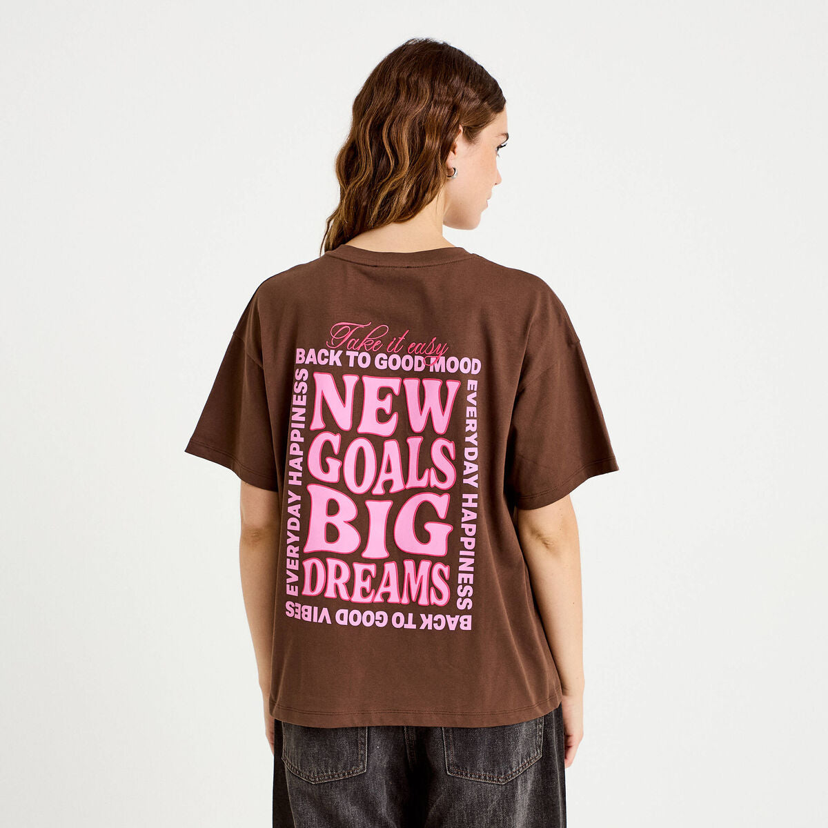 T-shirt oversize manches courtes marron foncé femme
