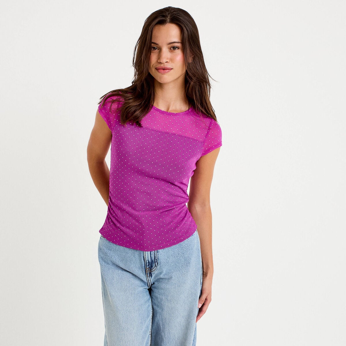 Top ajusté col rond manches courtes rose fushia femme