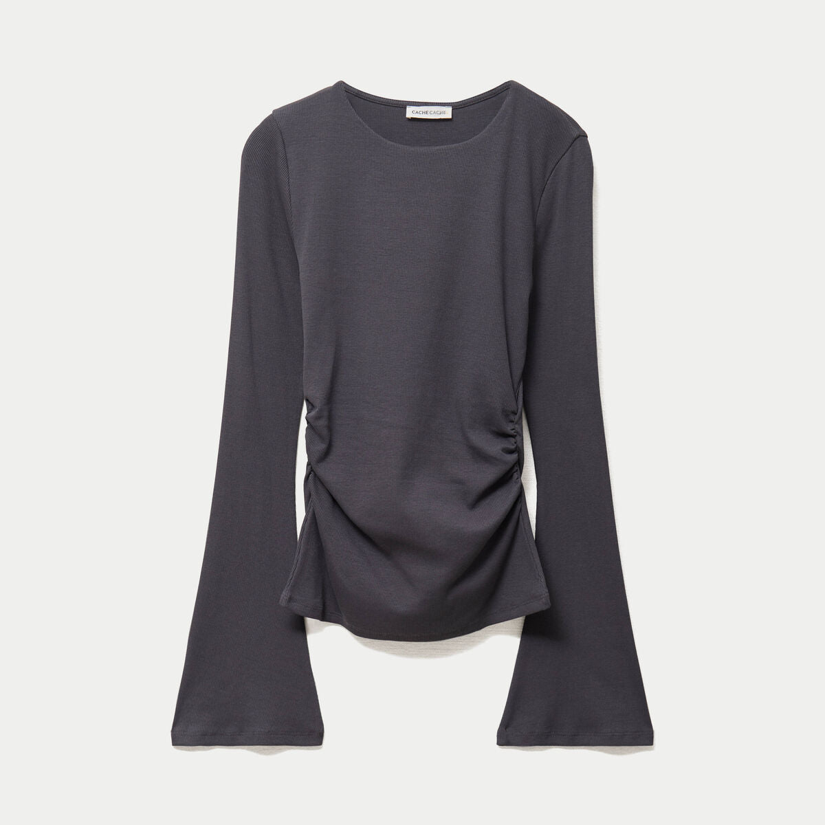 T-shirt ajusté col rond manches longues gris foncé femme