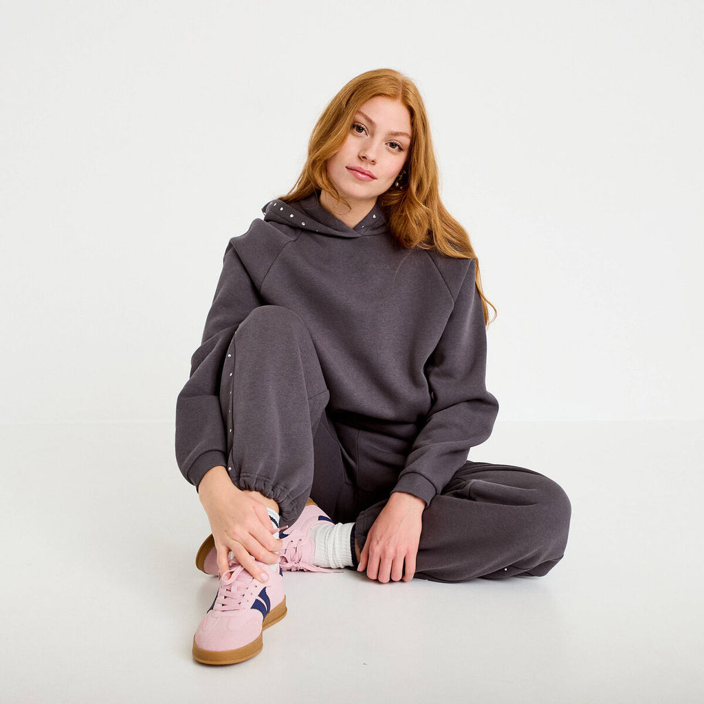 Sweat oversize à capuche manches longues gris foncé femme