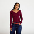 T-shirt côtelé ajusté manches longues bordeaux femme