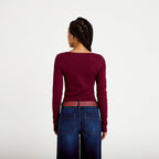 T-shirt côtelé ajusté manches longues bordeaux femme