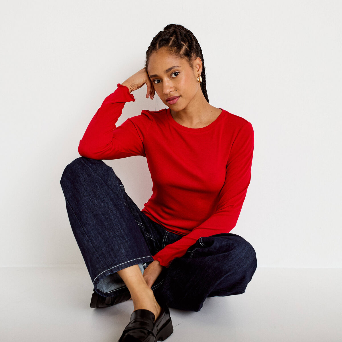 T-shirt ajusté col rond manches longues rouge femme