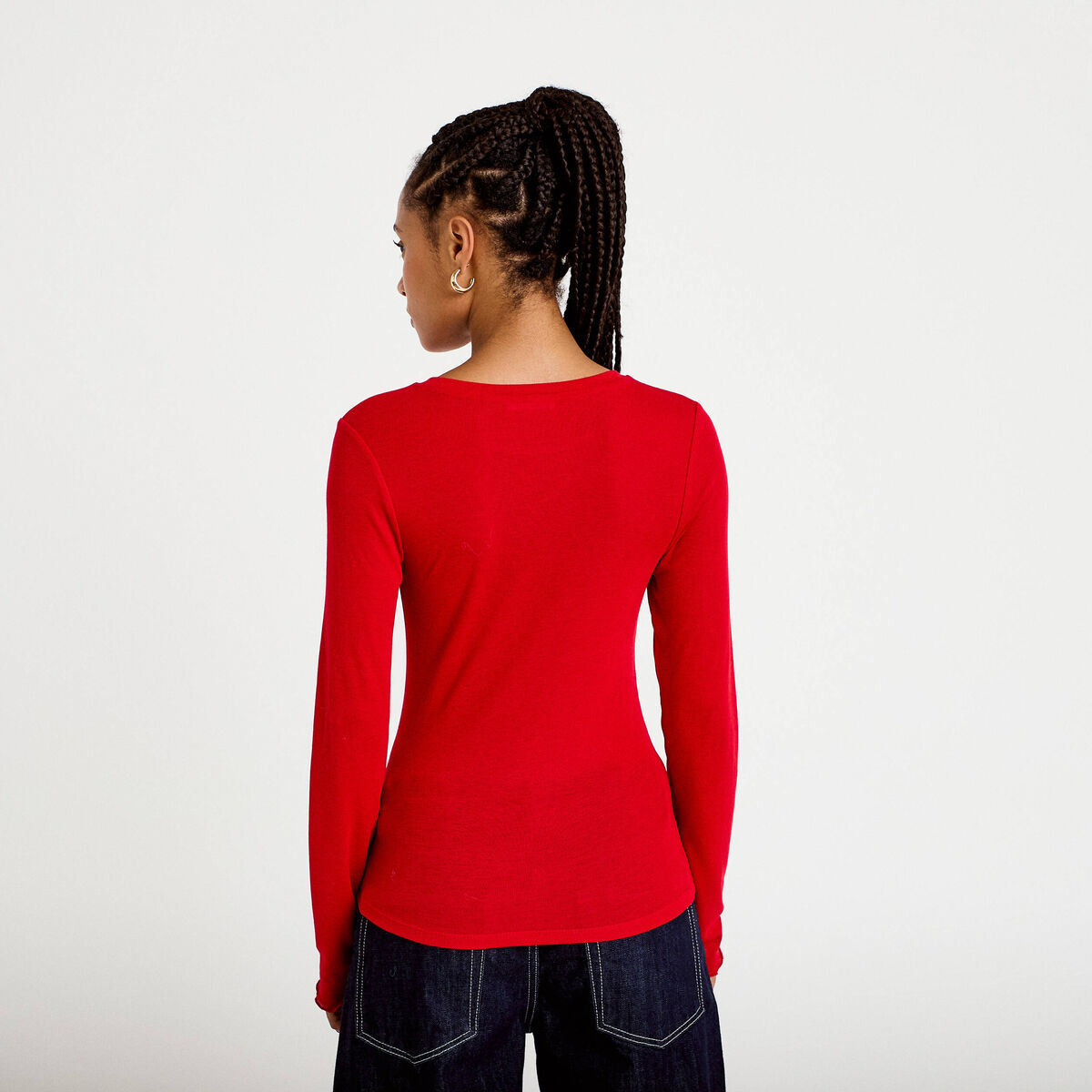 T-shirt ajusté col rond manches longues rouge femme