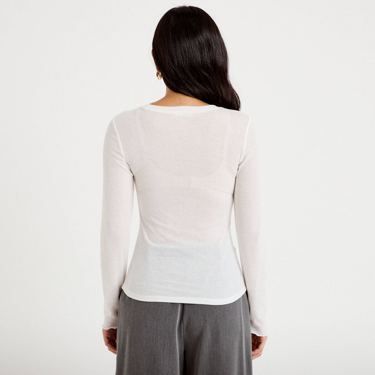 T-shirt ajusté col rond manches longues ecru femme