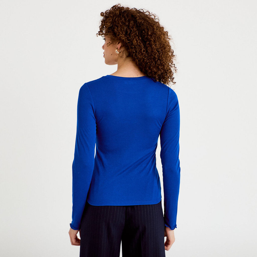 T-shirt ajusté col rond manches longues bleu electrique femme