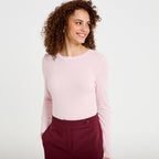 T-shirt ajusté col rond manches longues rose clair femme