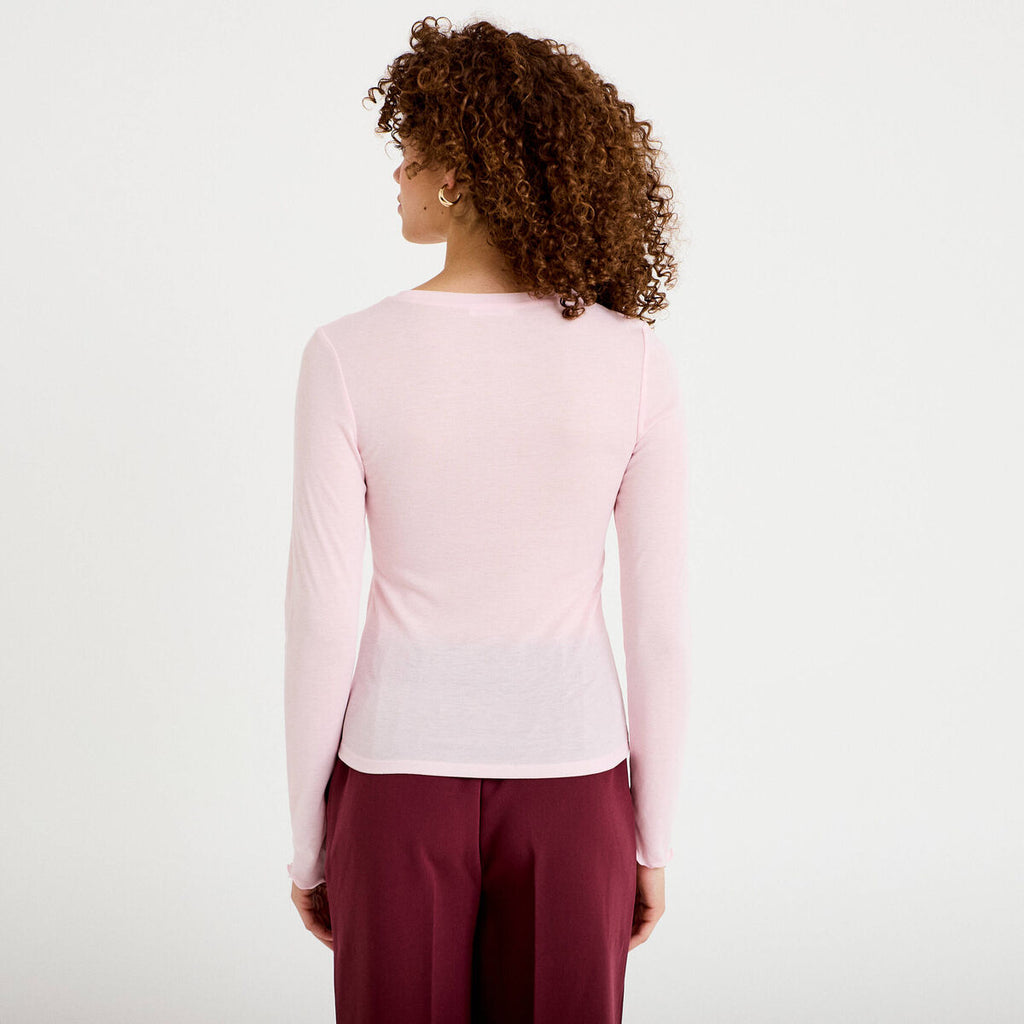 T-shirt ajusté col rond manches longues rose clair femme