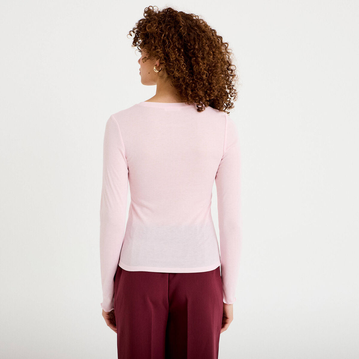 T-shirt ajusté col rond manches longues rose clair femme