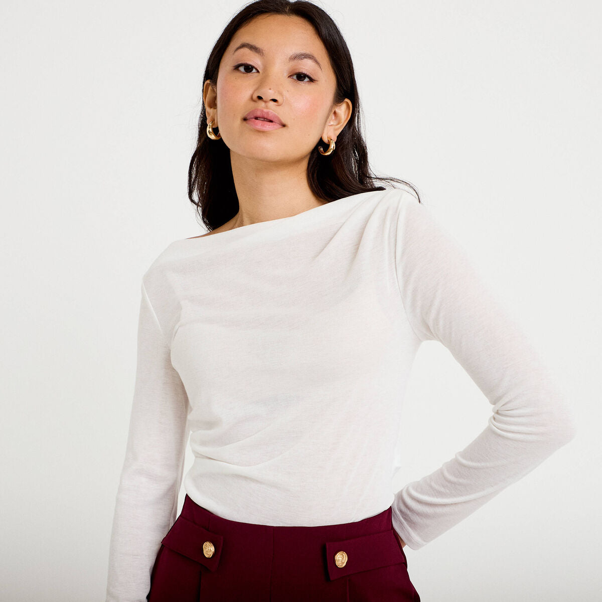 T-shirt col bénitier manches longues ecru femme