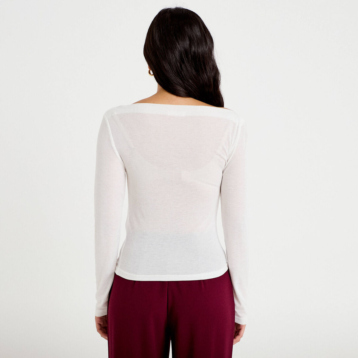 T-shirt col bénitier manches longues ecru femme