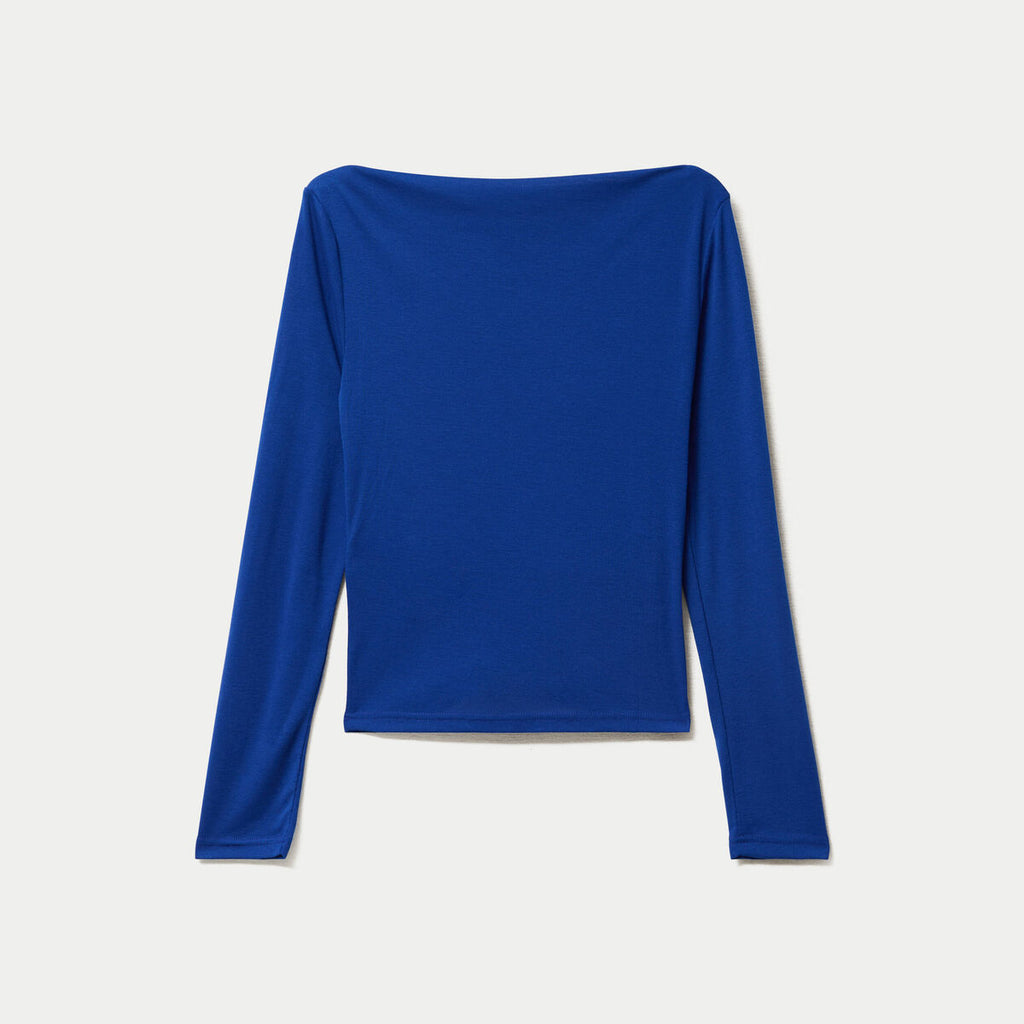 T-shirt col bénitier manches longues bleu electrique femme