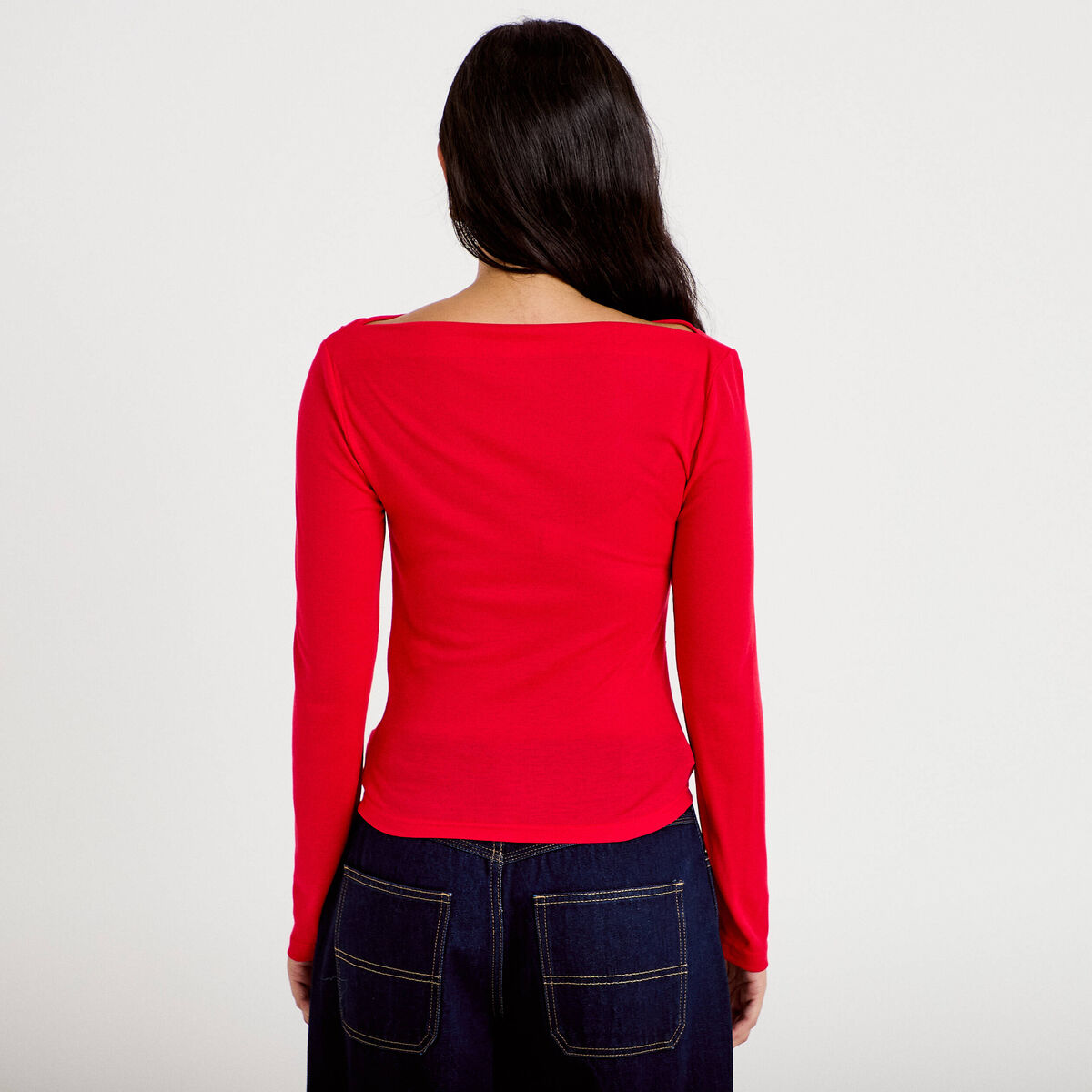 T-shirt col bénitier manches longues rouge femme