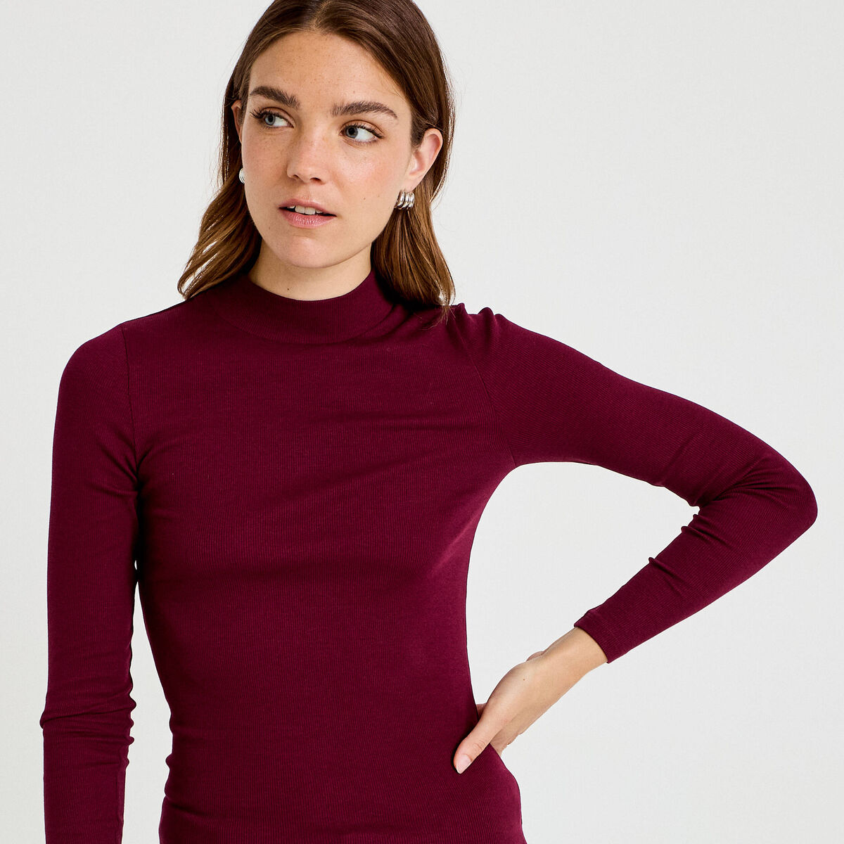 T-shirt ajusté manches longues bordeaux femme