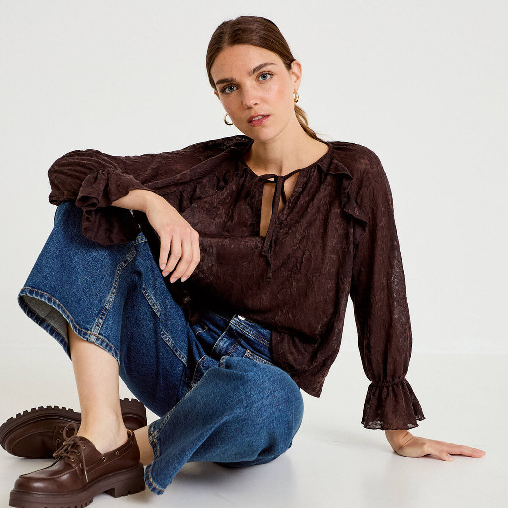 Blouse droite manches longues col rond marron foncé femme