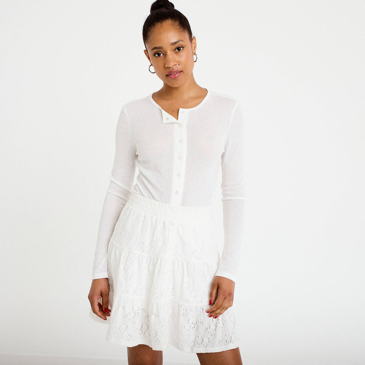 Gilet ajusté col rond manches longues ecru femme