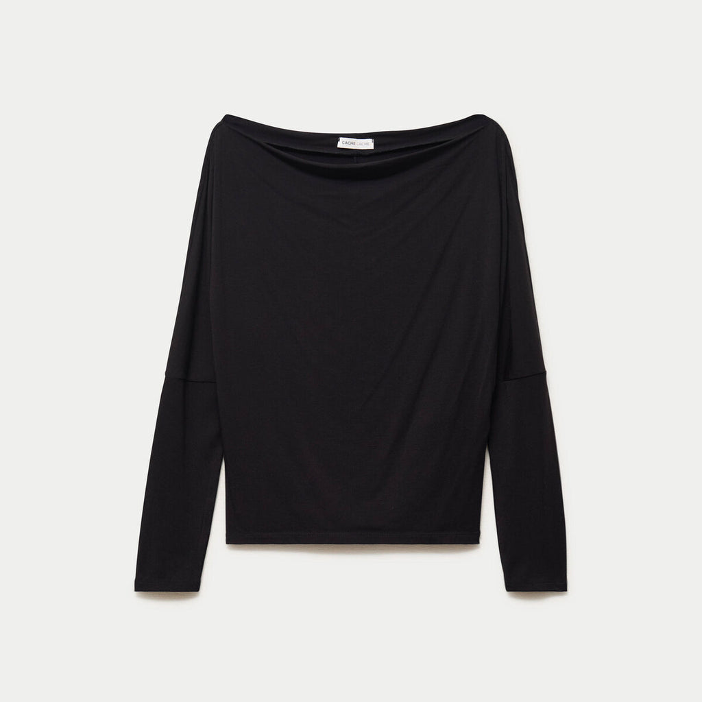 T-shirt col bateau manches longues noir femme