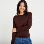 T-shirt col bateau manches longues marron foncé femme