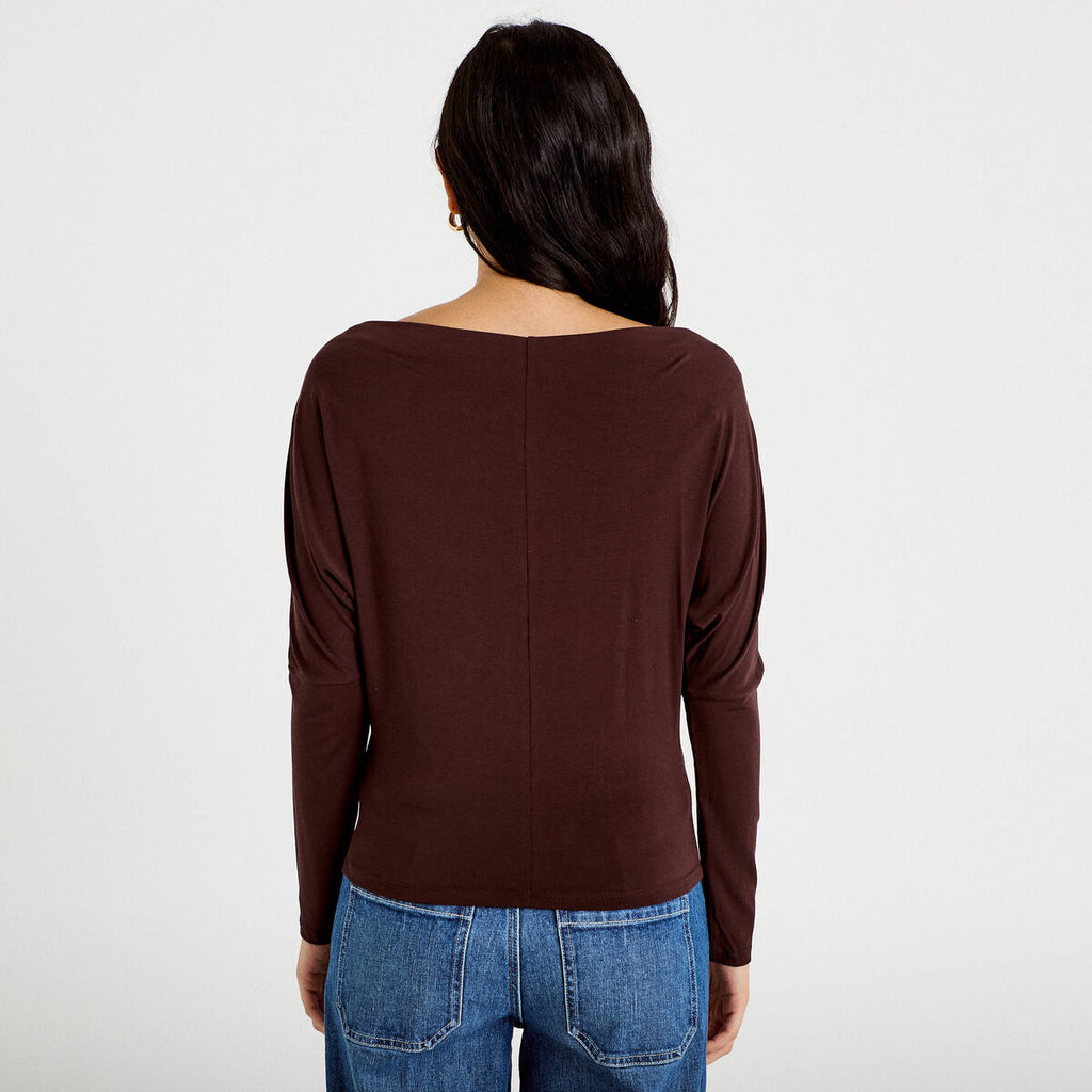 T-shirt col bateau manches longues marron foncé femme