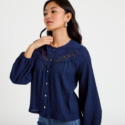 Blouse col rond manches longues bleu foncé femme