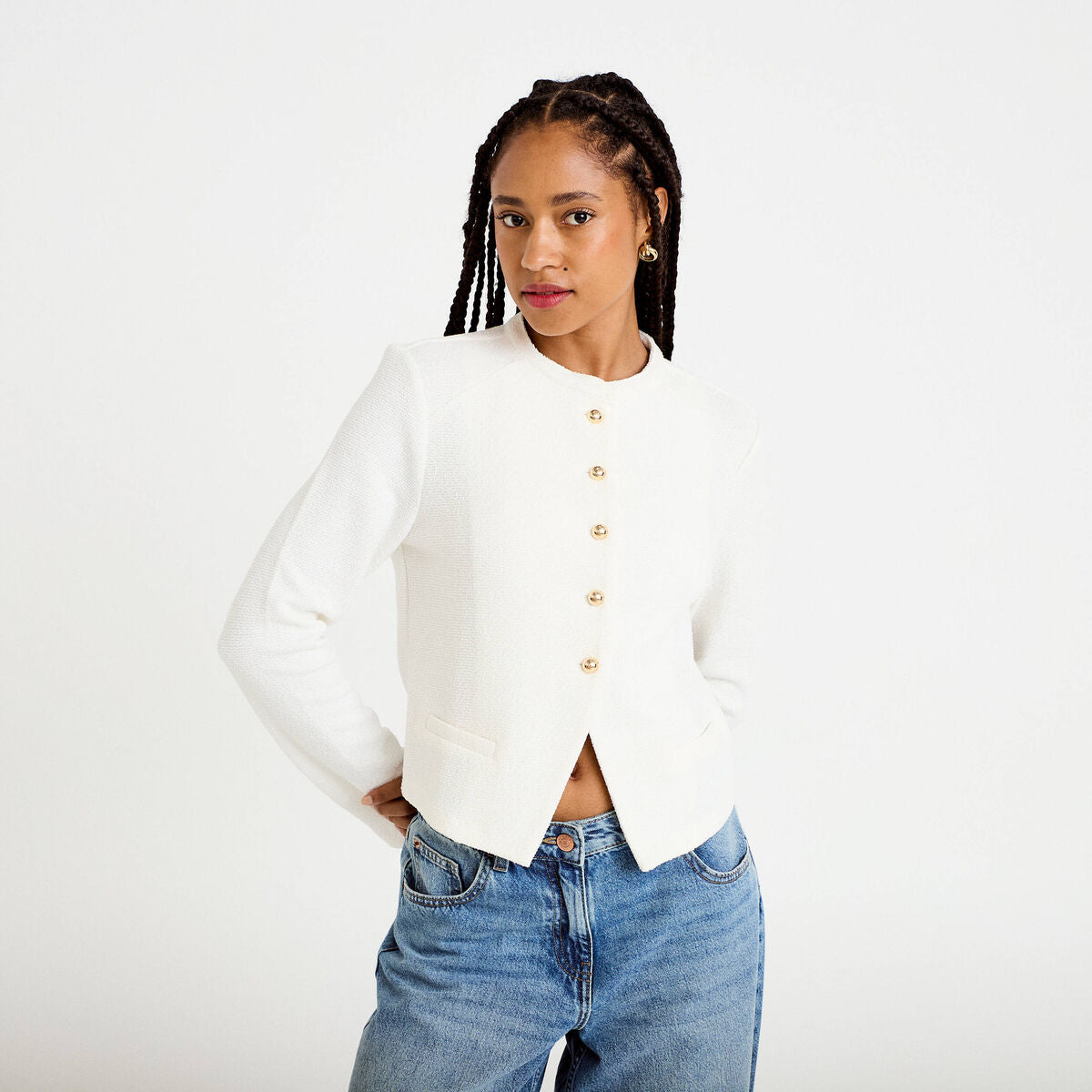 Gilet tweed droit cropped col rond ecru femme