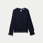 Top droit manches longues col montant bleu marine femme