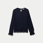 Top droit manches longues col montant bleu marine femme