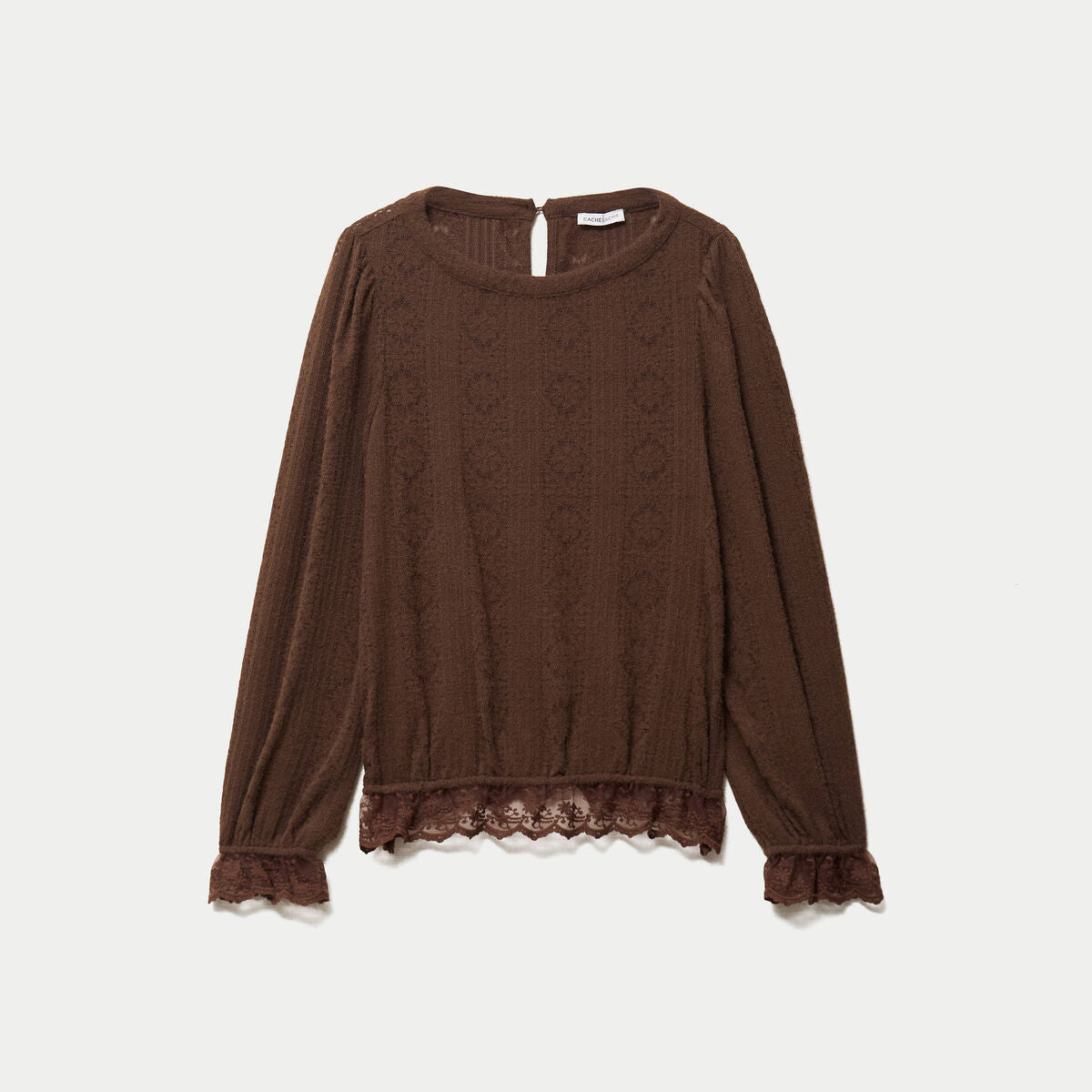Top droit manches longues col montant marron foncé femme