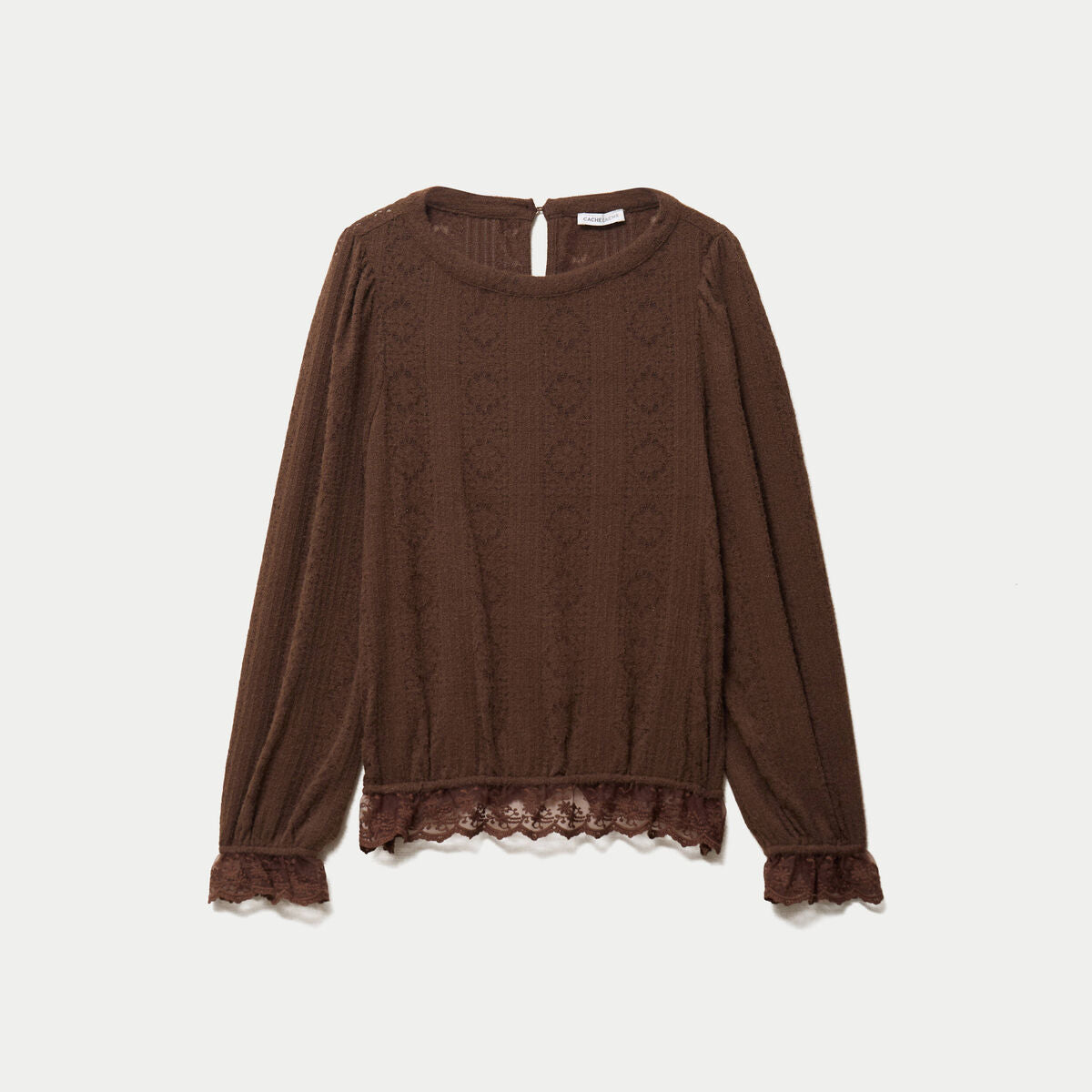Top droit manches longues col montant marron foncé femme