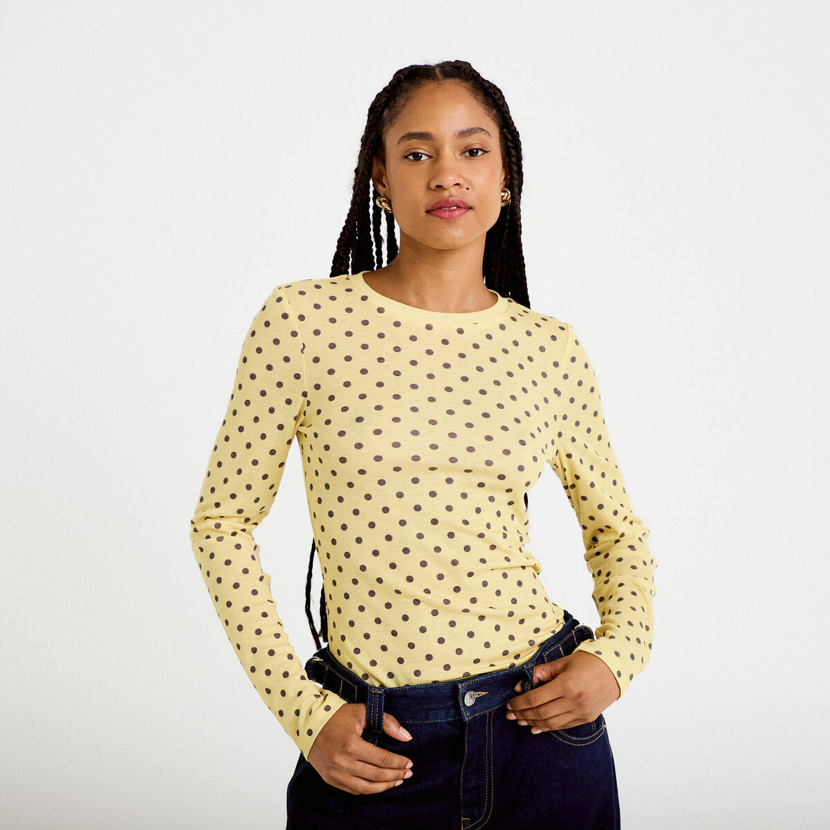T-shirt ajusté col rond manches longues jaune clair femme