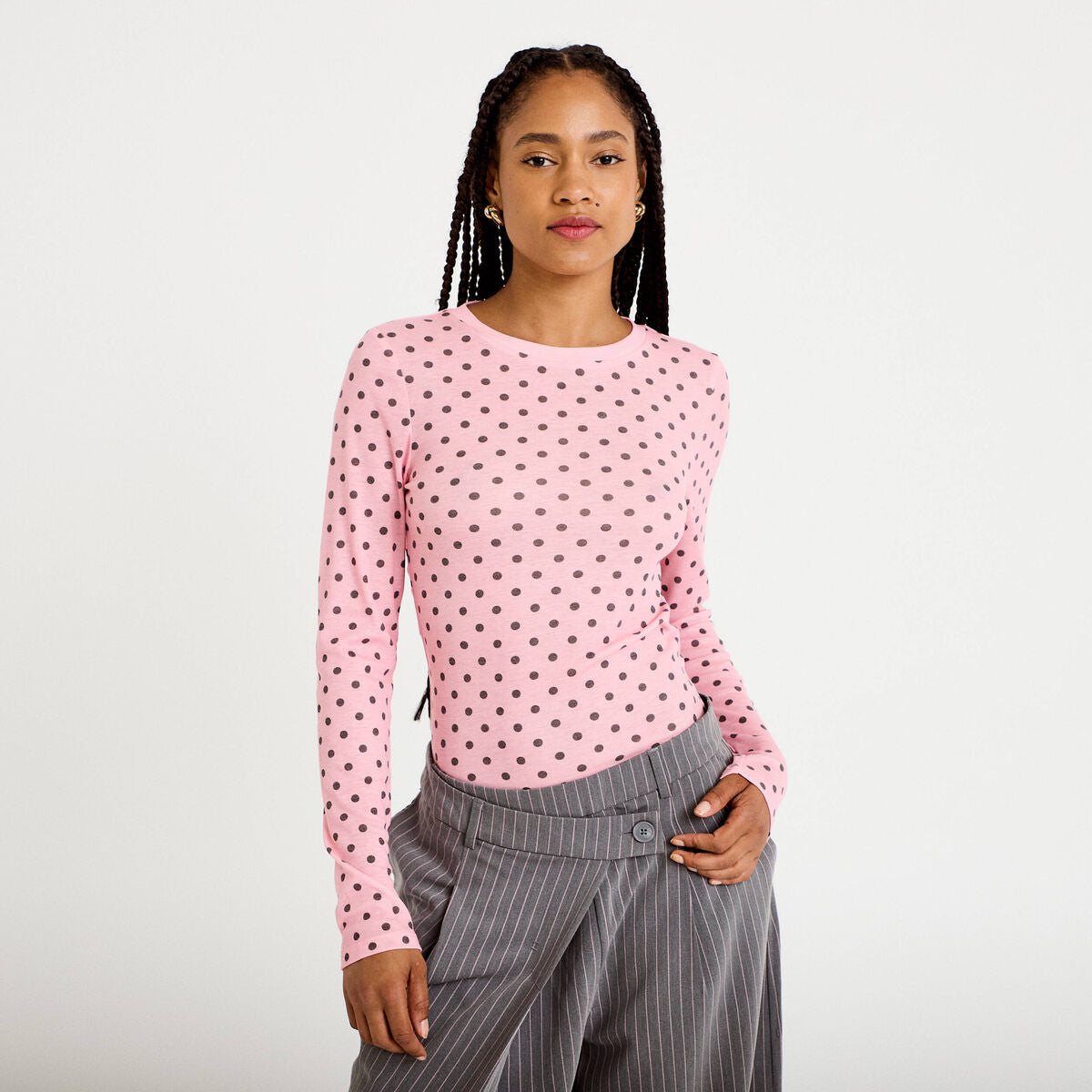 T-shirt ajusté col rond manches longues rose corail femme