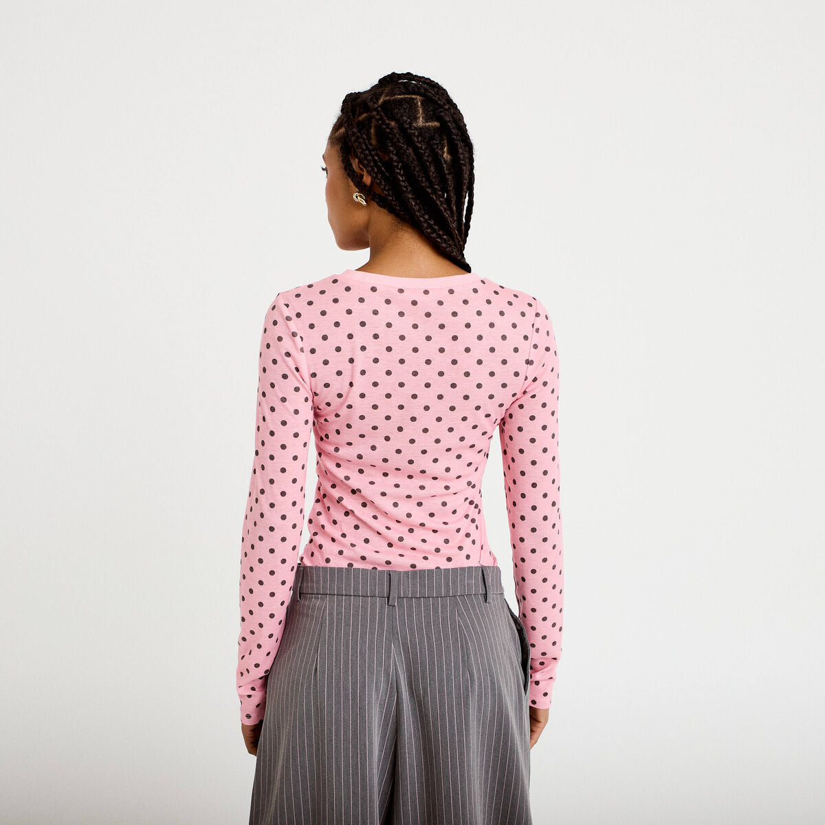 T-shirt ajusté col rond manches longues rose corail femme