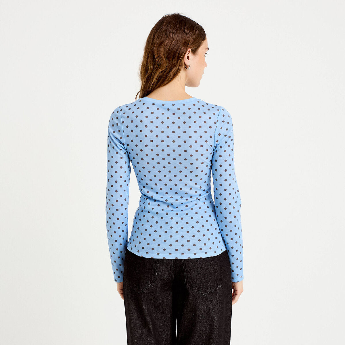 T-shirt ajusté col rond manches longues bleu ciel femme