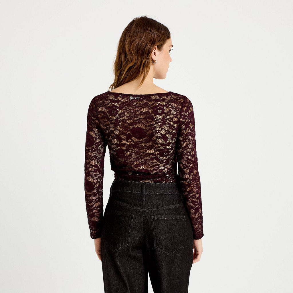 Body ajusté dentelle col bateau violet foncé femme