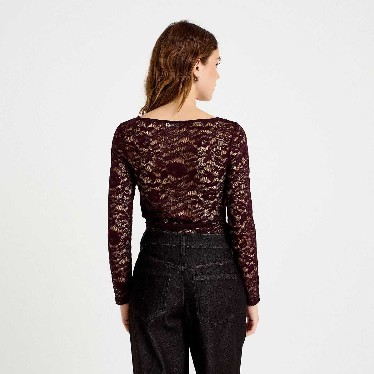 Body ajusté dentelle col bateau violet foncé femme