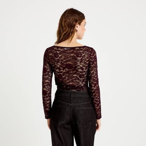 Body ajusté dentelle col bateau violet foncé femme