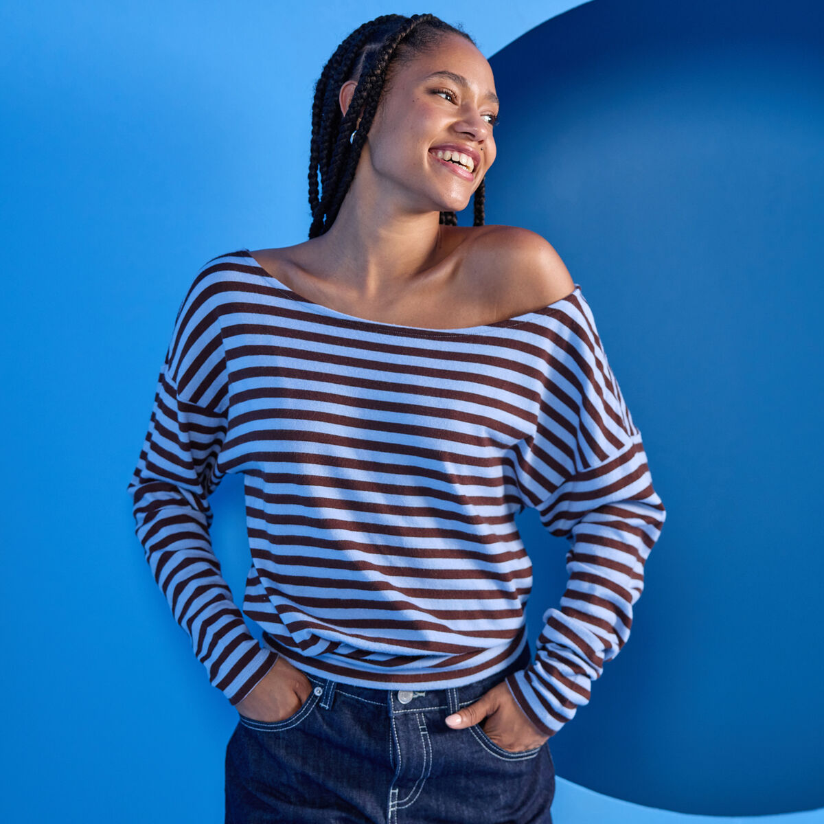T-shirt col bateau manches longues bleu femme