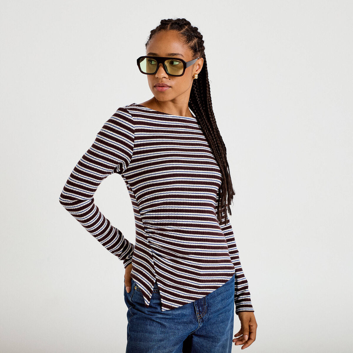 Top ajusté manches longues col rond marron femme
