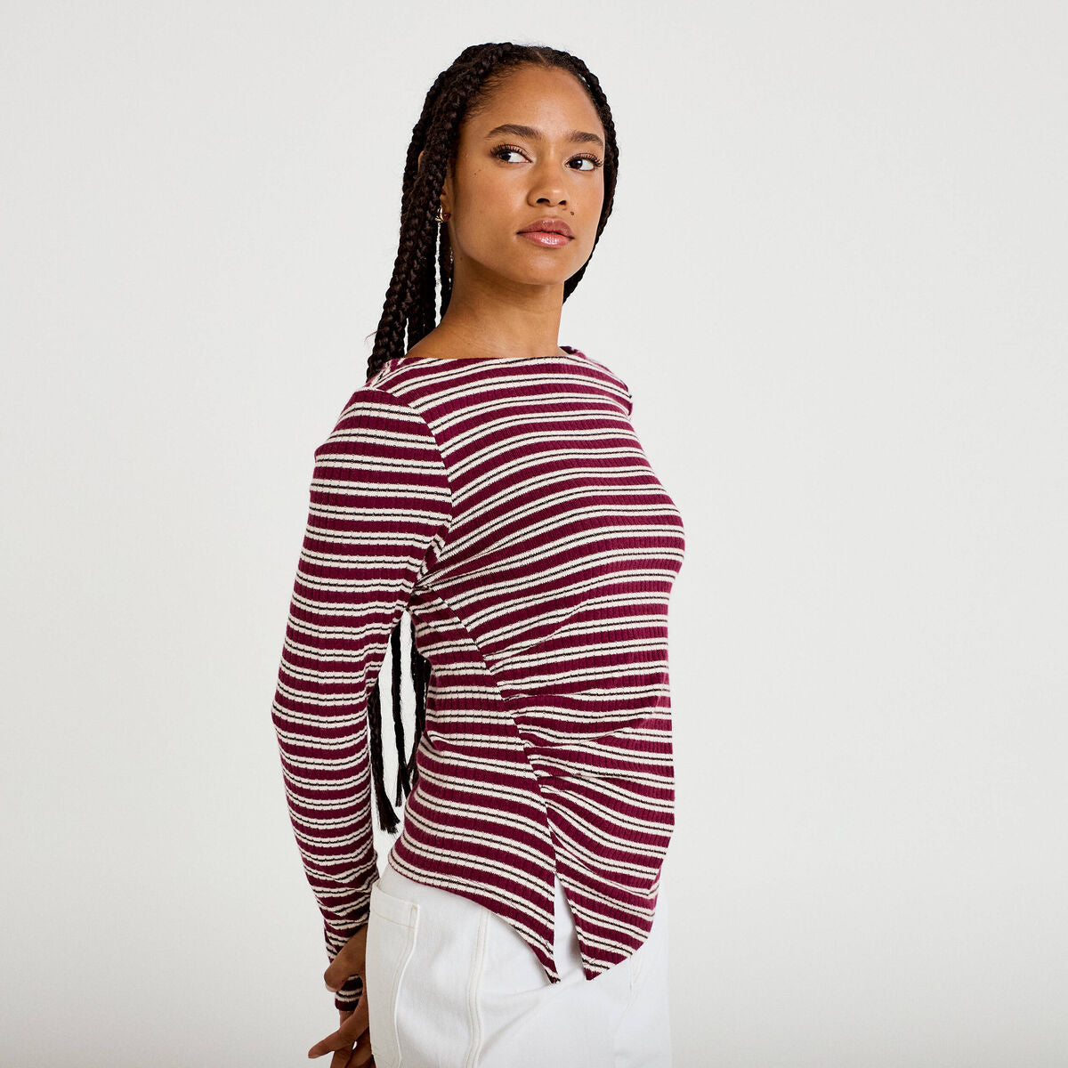 Top ajusté manches longues col rond rouge femme