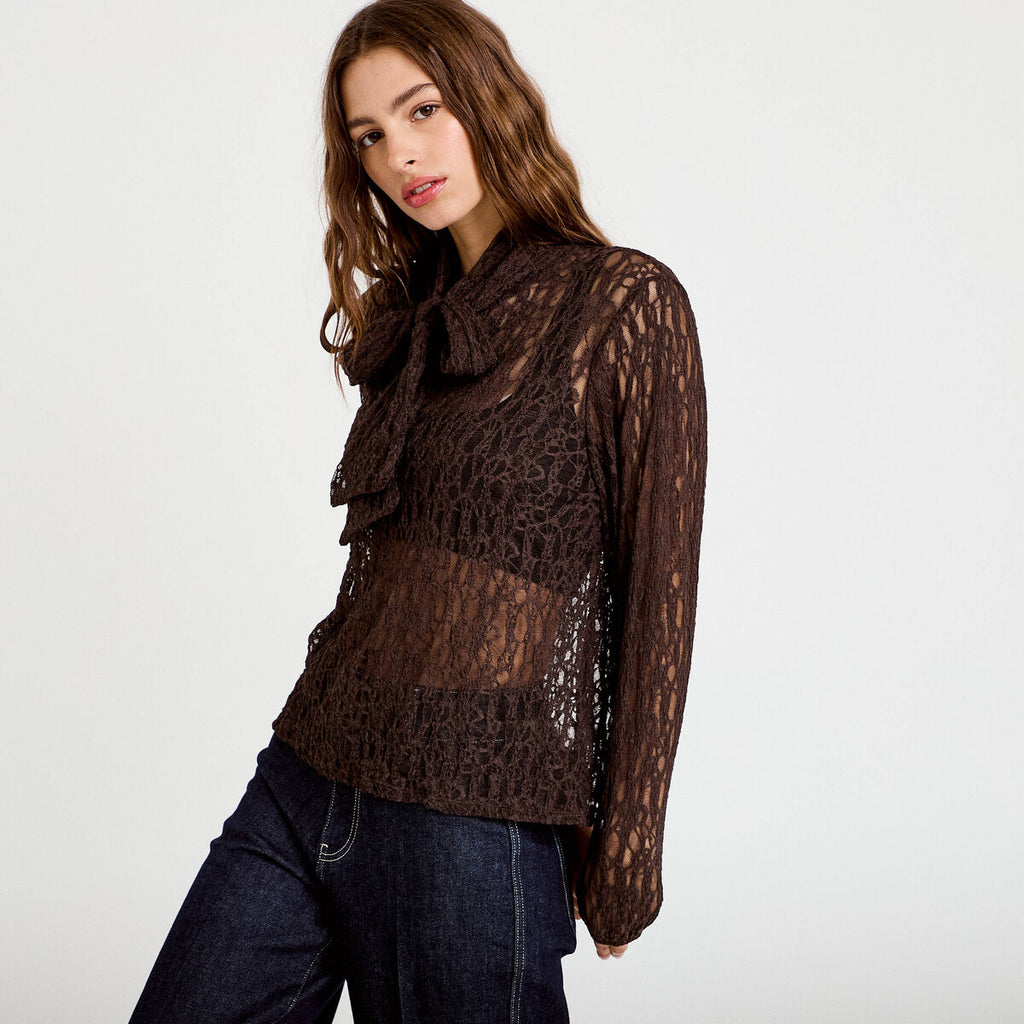 Blouse droite col montant dentelle marron foncé femme