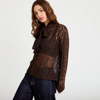 Blouse droite col montant dentelle marron foncé femme