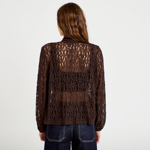 Blouse droite col montant dentelle marron foncé femme